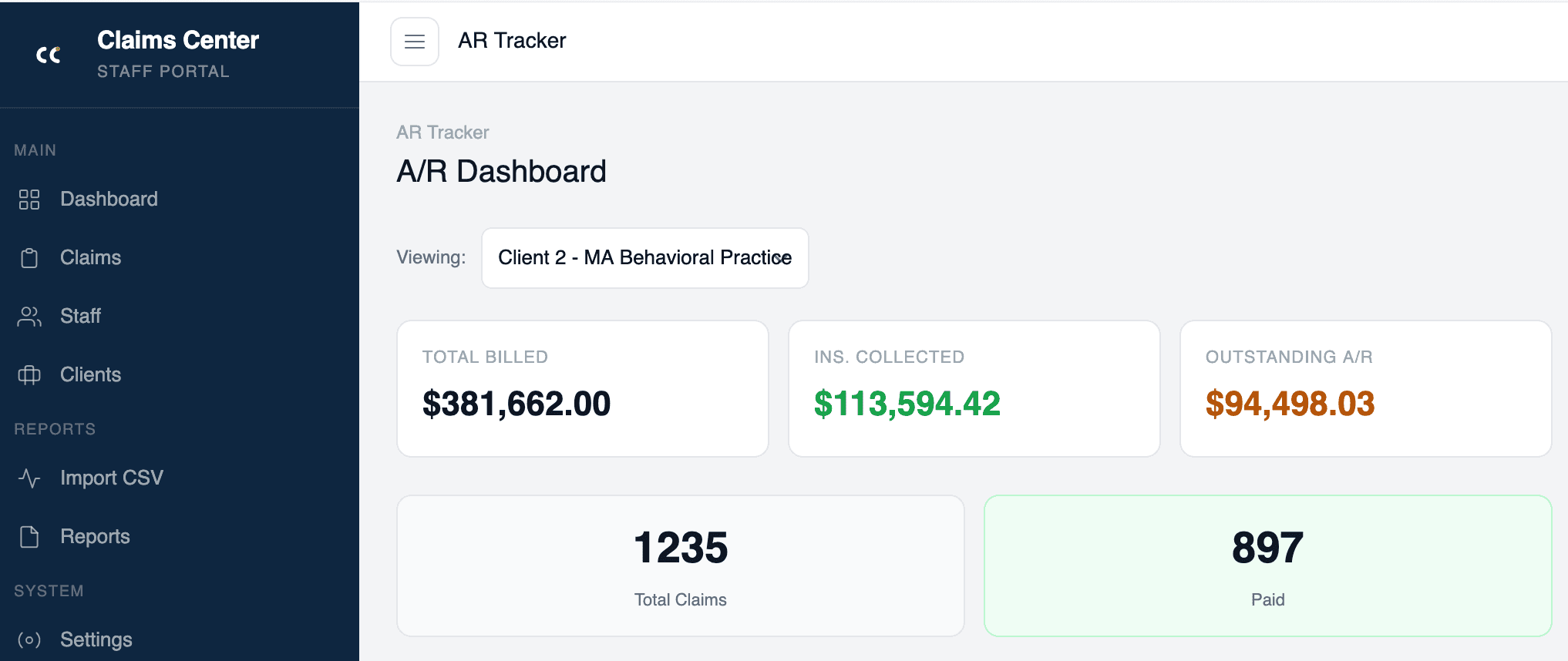Claims Center AR worklist dashboard